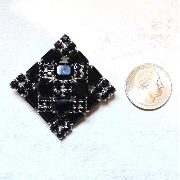 Stunning Vintage Weiss Black Rhinestone Rhodium Brooch Pin Xlnt - Picture 9 of 12